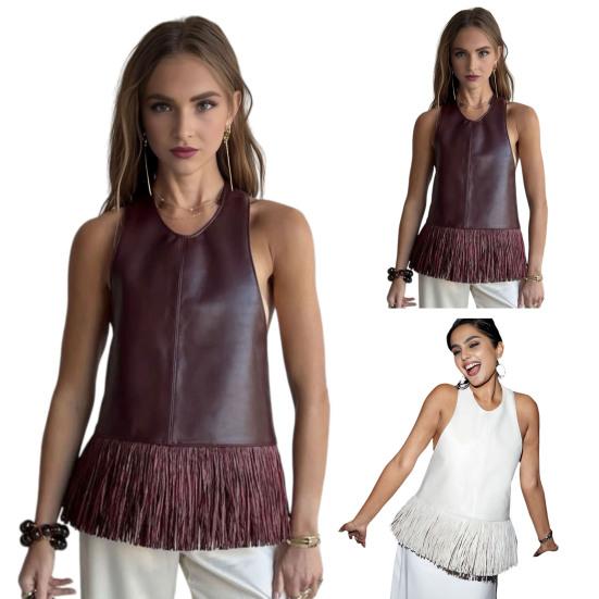 Dámský crop top s třásněmi z umělé kůže, na šňůrku za krk, bez zad, bez rukávů, na večer s třásněmi, sexy klubové, rave, koncertní oblečení