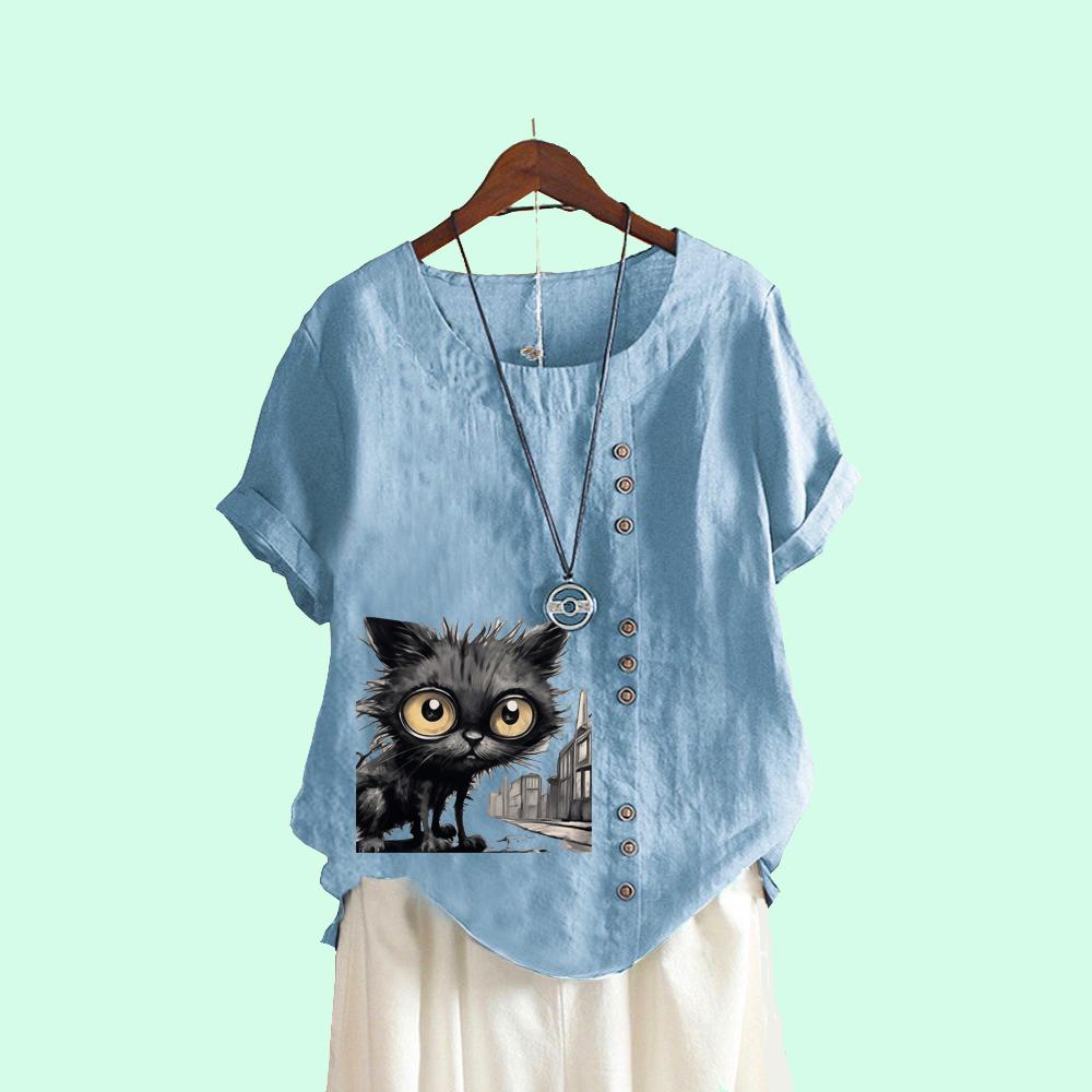 Modă Femei Top Mânecă Scurtă Gât Rotund Vară Larg Tricou In Laides Casua Bluză cu Imprimeu Pisică