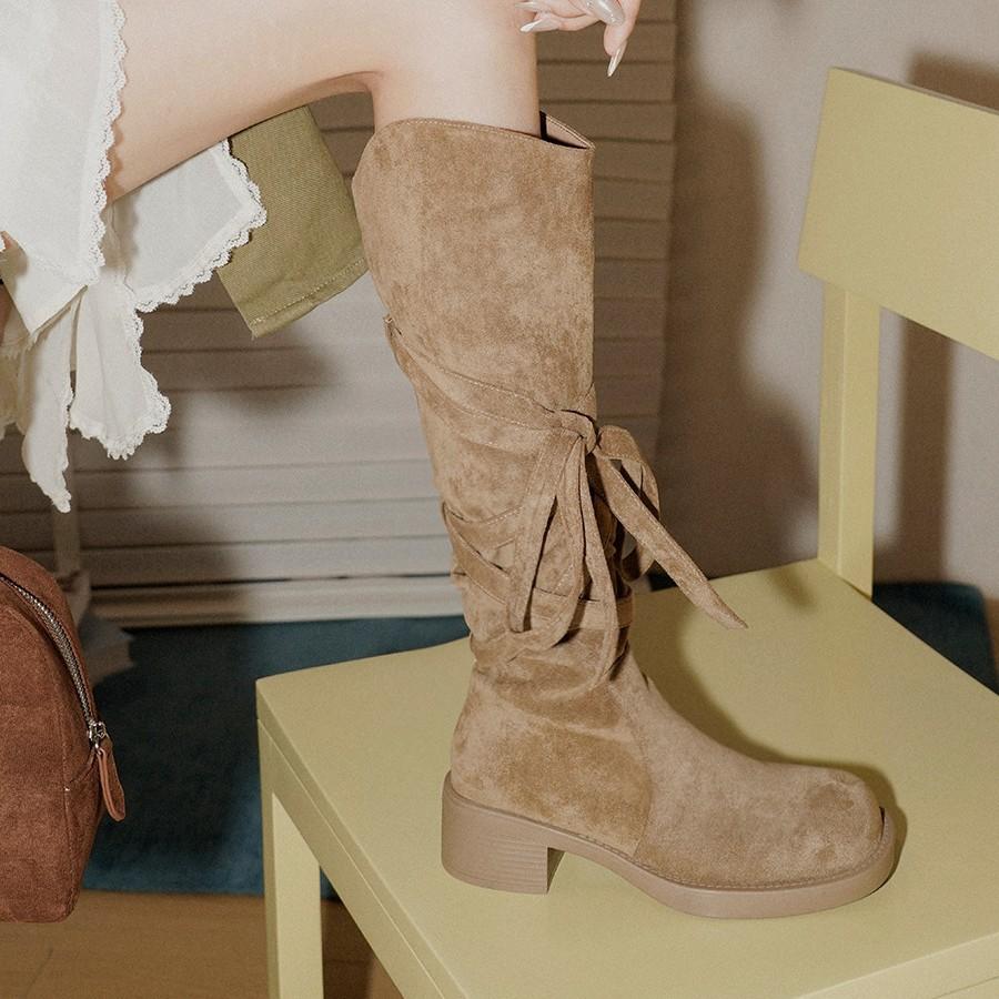 Main Push Edition~ Retro Wasteland Heel Wrap Strap Pile Boots Western Cowboy Boots But Knee Maillard Boots