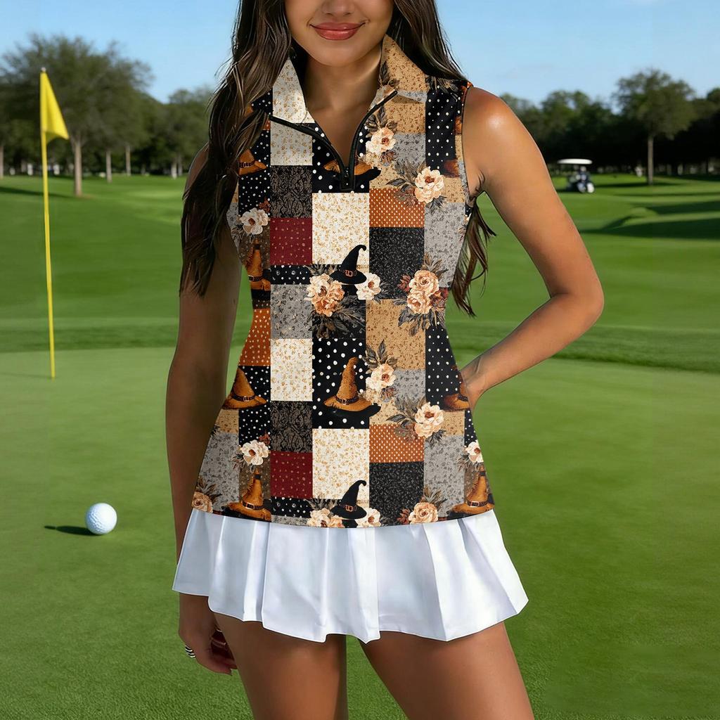 Women's Sleeveless Golf Vest with Zipper Collar & Halloween Print for Outdoor Sports