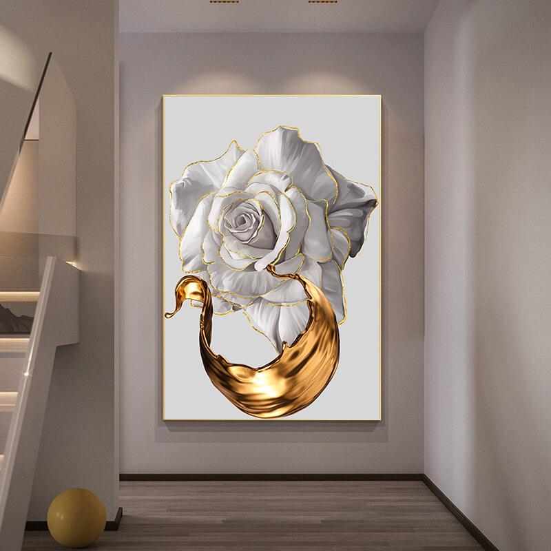 White Rose Flower Golden Ink Splash Abstract Poster Nordic Art Plant Canvas Painting Modern Wall Picture for Living Room Decor