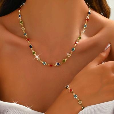 2 stuks Charmante Kleurrijke Ronde Strass Sieradenset, Perfect Cadeau voor Vrouwen - Handgemaakte Ketting met Verstelbare Lengte