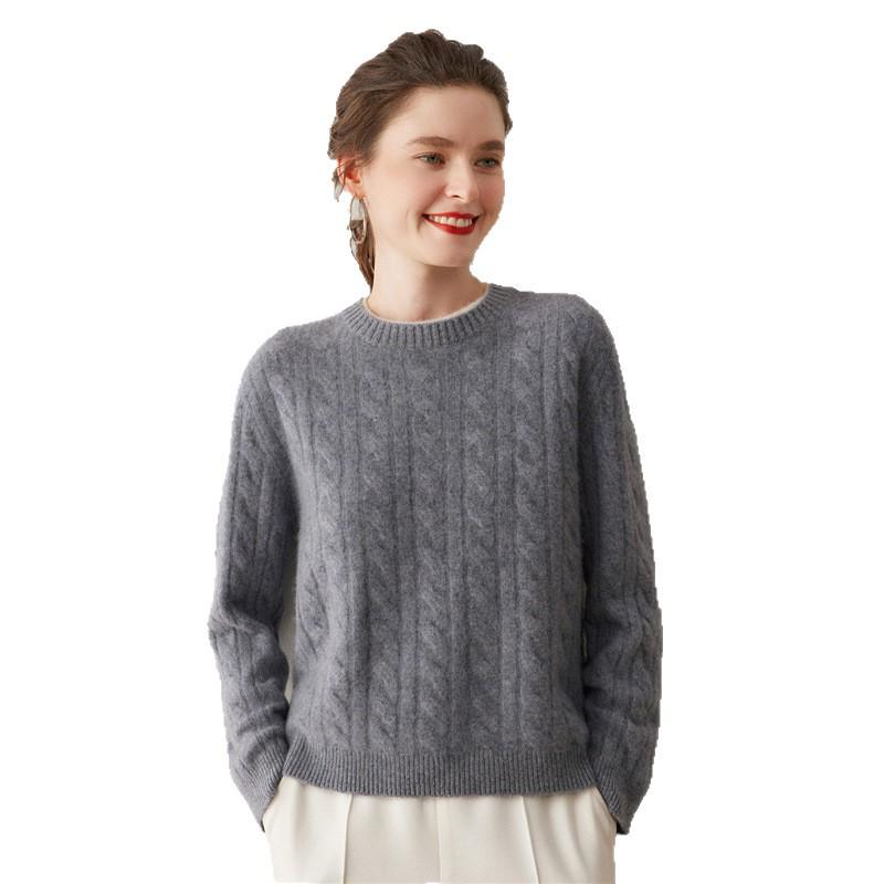 2025 A/W Cashmere Cable Knit Round Neck Sweater with White Trim