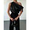 Women One Shoulder Satin Blouse With Bow Detail Elegant Sleeveless Party Tops