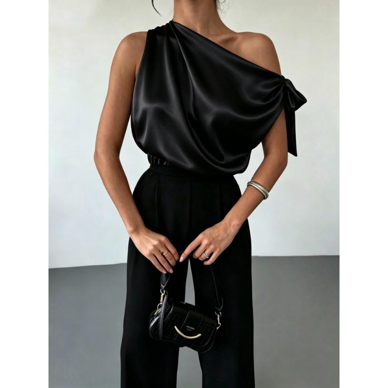 Women One Shoulder Satin Blouse With Bow Detail Elegant Sleeveless Party Tops