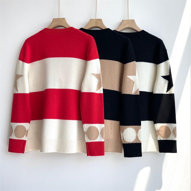 Women's Retro Classic MAX Family Wool Pullover: Round Neck, Long Sleeve, Embroidered Digital Knit, Cashmere Color Block Sweater