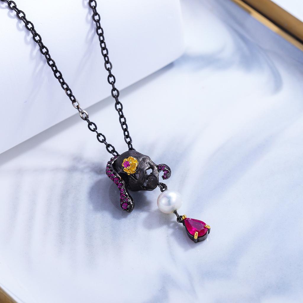 Freshwater Pearl Ruby Necklace Clavicle Chain Trendy Original Necklace 925 Silver Dark Style Skull Pendant for Women