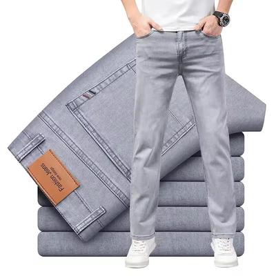 Summer Thin Men's Elastic Cotton Jeans Fashion Gray Comfortable Business Straight Casual Pants Male Clothes Trousers