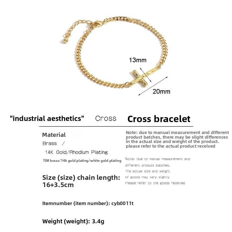 Vintage cross bracelet - gold plated copper, trendy ins style jewelry