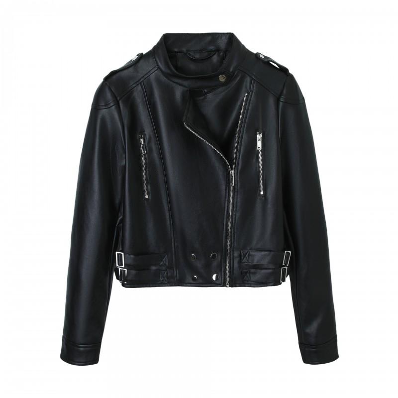 Womens Faux Leather Moto Jacket Round Neck Diagonal Zip Slim Fit Streetwear Outerwear White Black S M L XL