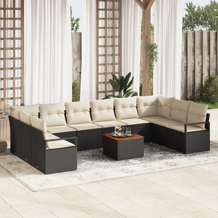 VidaXL Ensemble de canapés de jardin 11 pièces avec coussins Noir Poly Rattan Acacia 3356423