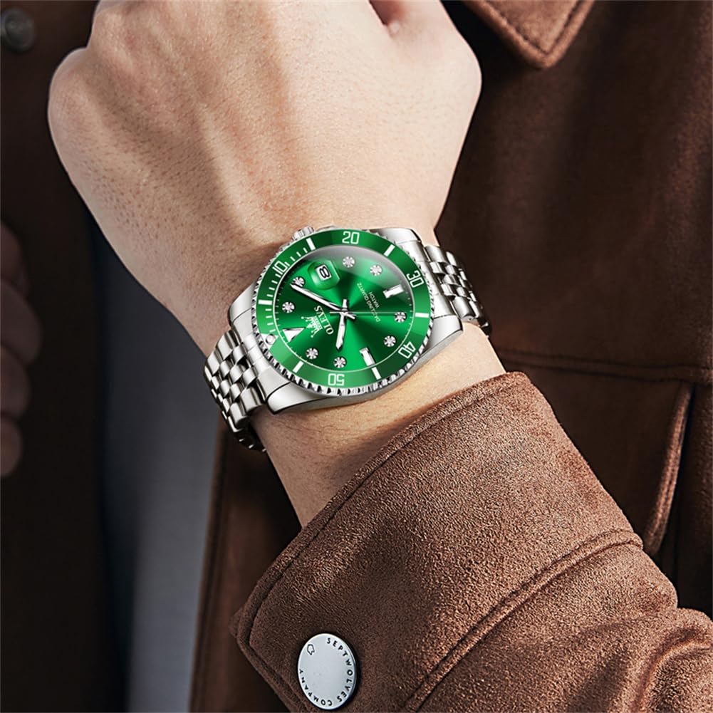OLEVS Waterproof Quartz Analog Watch with Date Silver Stainless Steel Large Green Business Fashion Stylish and Watch for Men Rotating Men's Display,