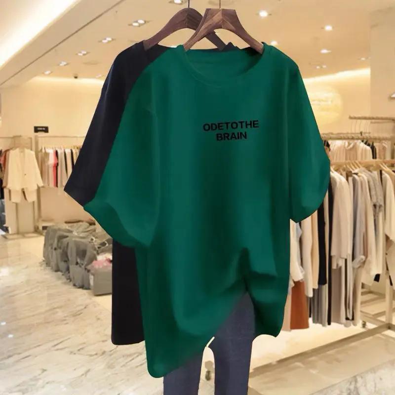 Loose women's printed T-shirt, pure cotton short sleeved top, single round neck, informal basic sweater