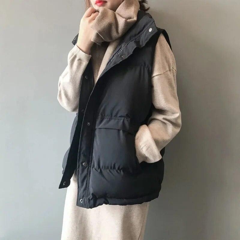 Off White Daunen-Baumwollweste für Damen, kurz, Stehkragen, ärmellos, warm, locker, einfarbig, einfach, lässig, Pendeln, Herbst und Winter