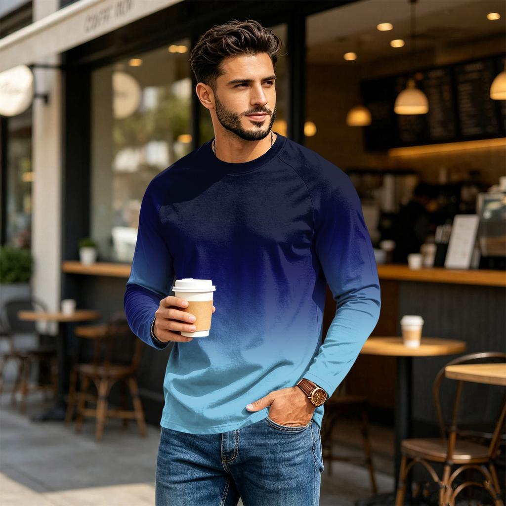 Heren Casual T-shirt met Ronde Hals, Raglanmouwen en Lange Mouwen