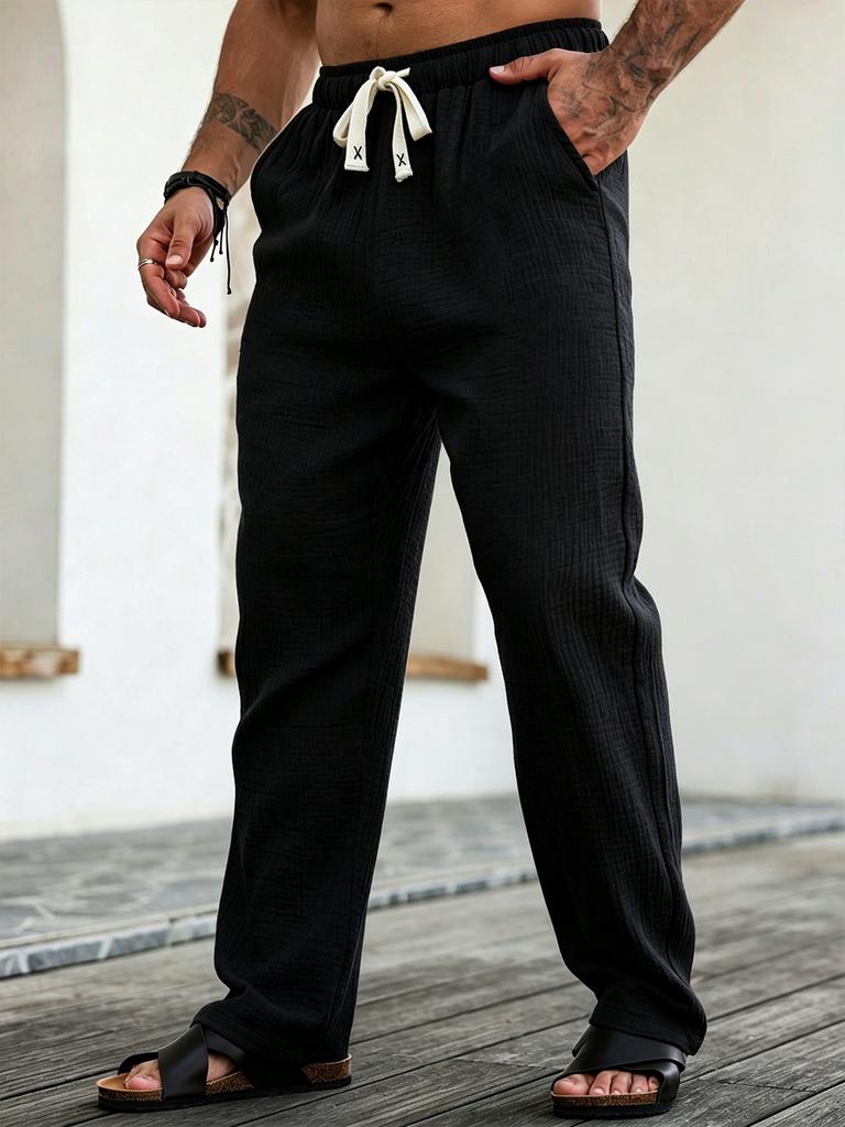 Men's Textured Drawstring Pants with Elastic Waist and Side Pockets - Lightweight Loose Fit Casual Summer Vacation Trousers.