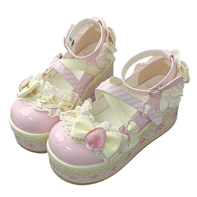 Fashion Sweet Girls Lolita Flat Platform ,Female Students Lace Strawberry Bowknots Cute Marry Jane Elevator Shoes