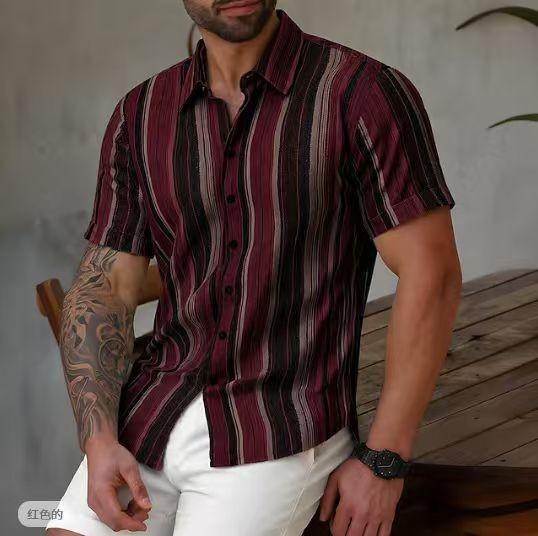 Mens Striped Short Sleeve Casual Shirt Oversized Summer Turn Down Collar