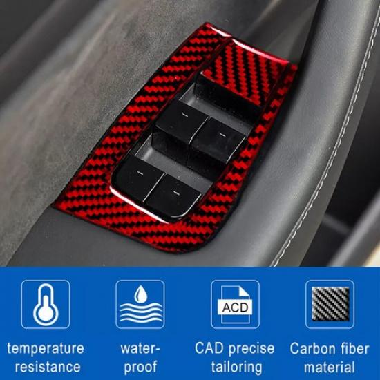 Red Carbon Fiber Window Lift Button Panel Cover Trim For Tesla Model 3/Y 2017-22