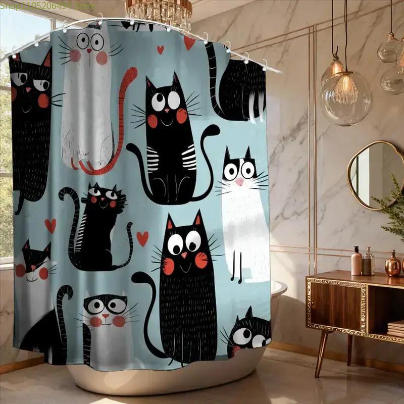 1pc Bathroom Shower Curtain, Cat Lovers' Gathering, Cute Pet Day Shower Curtain, Includes 12 Hooks, 180*180cm Bathroom Curtain