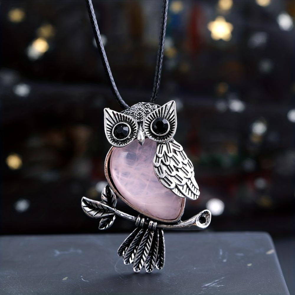 1pc JXMYBA Artificial Crystal Owl Pendant Necklace, Amethyst Rose Quartz Faux Gemstone Lucky Jewelry, Women'S Handmade Stone Pendant with Artificial F