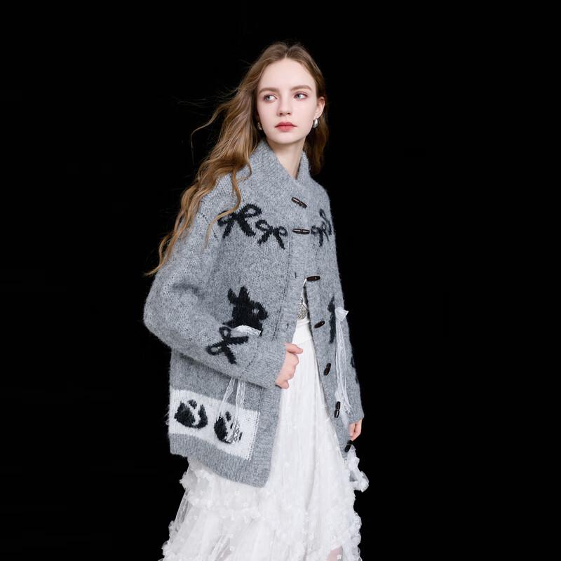 

Sancai 2025 Winter Loose Fit Color Block Bow Knit Cardigan L