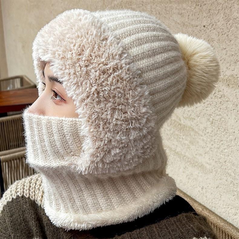 

2-in-1 Women Winter Knitted Balaclava Hat Scarf Plush Fleece Lined Neck Warmer Windproof Outdoor Skiing Cycling Hooded Beanie M бежевый