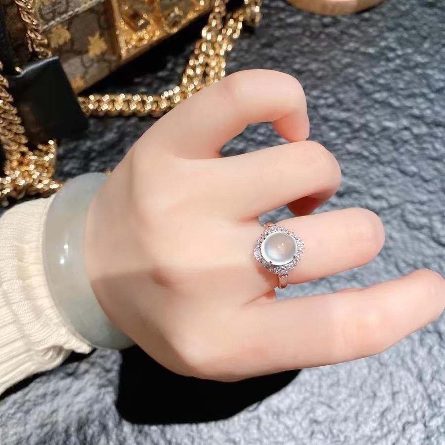 White Ice Chalcedony Cabochon Ring: Adjustable, Natural Fluorescent, Versatile, Simple Design for Women
