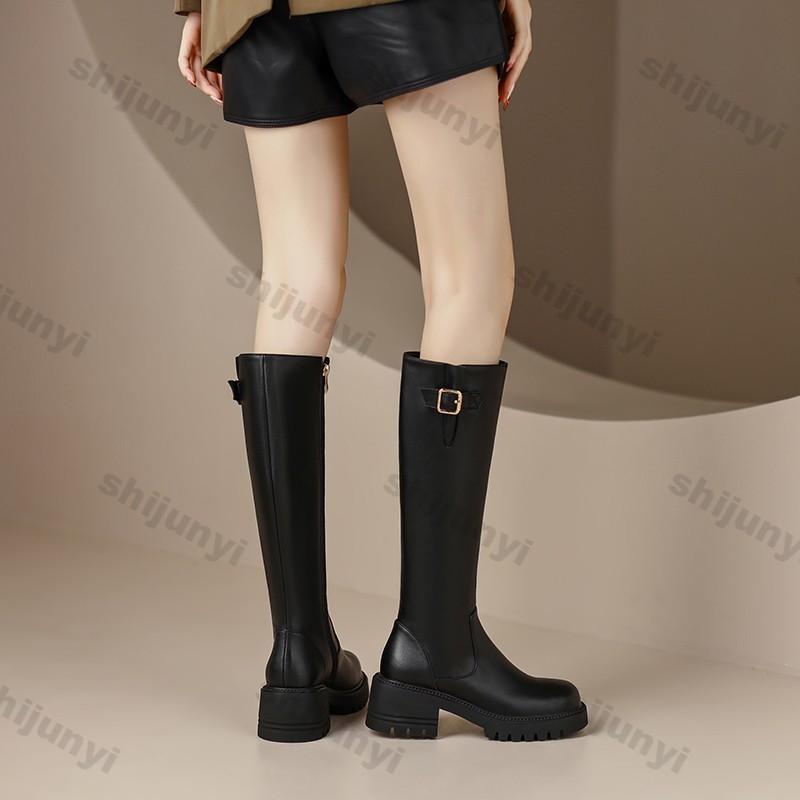 Women's Knee High Boots Square Heels New Casual Winter Long Boot Ladies Designer Round Toe Zip Fashion Chunky Knight Bootties