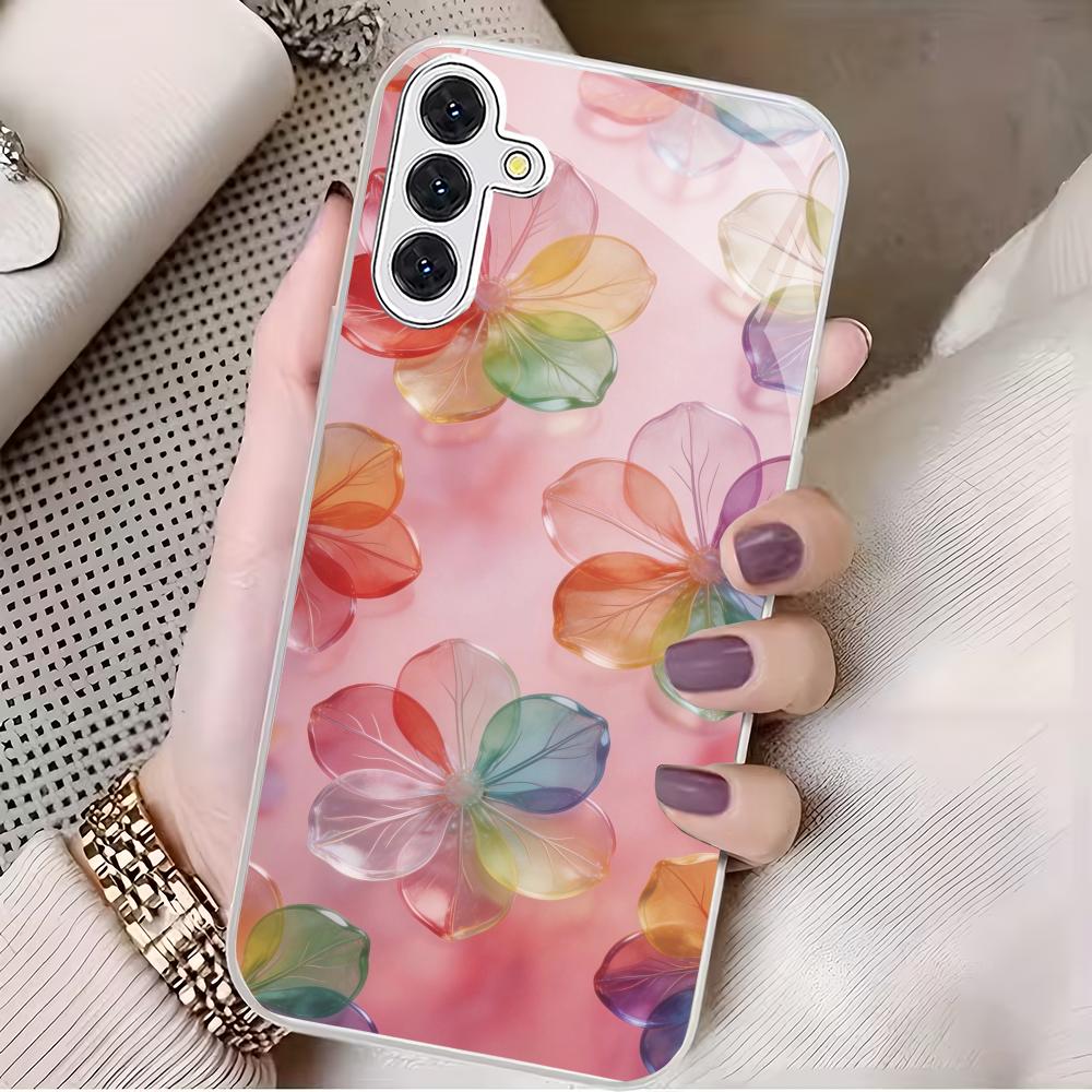 Pink floral patterned glass phone case suitable for Samsung Galaxy S26 S25 S24 S23 S22 S20 FE/Ultra/Plus anti drop back cover