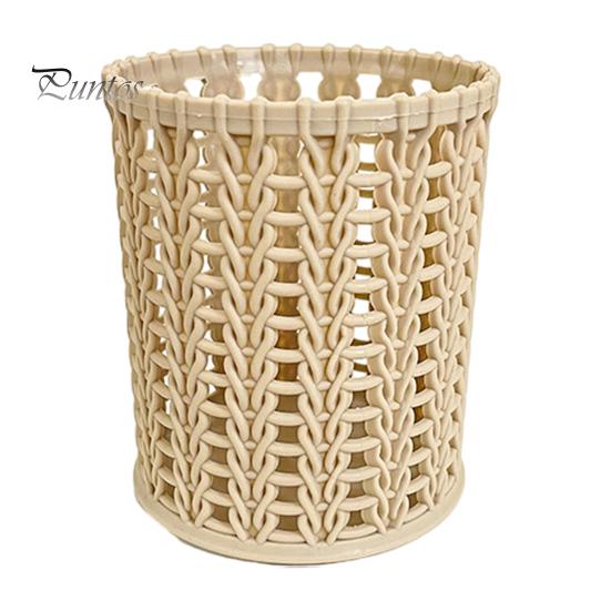 Pen Holder Imitation Rattan Holder, Round Hollow Desk Organizer, Large Capacity Pencil Accessory Cup for Pens Pencils Makeup Brushes, Nordic