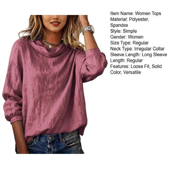 Women Tops Long Sleeve Irregular Neckline Solid Color Commuter Blouse Solid Color Loose Fit Pullover Tops Casual Office Date Wear