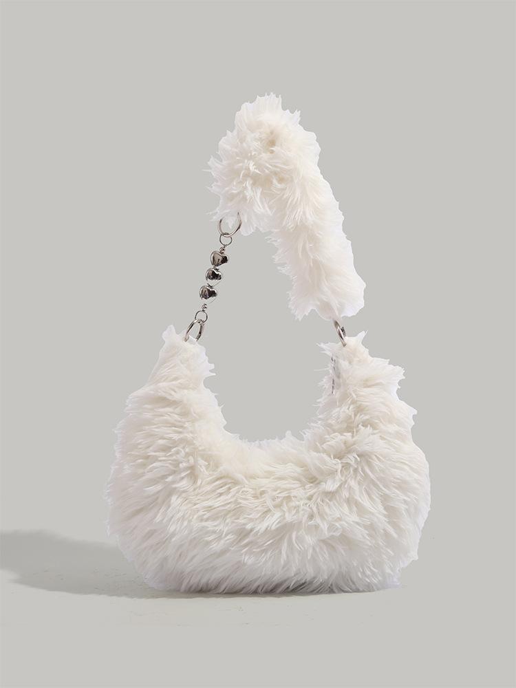 

2025 autumn and winter high-end hair bag fashionable versatile plush handheld underarm bag crescent bag single shoulder plush bag women белый