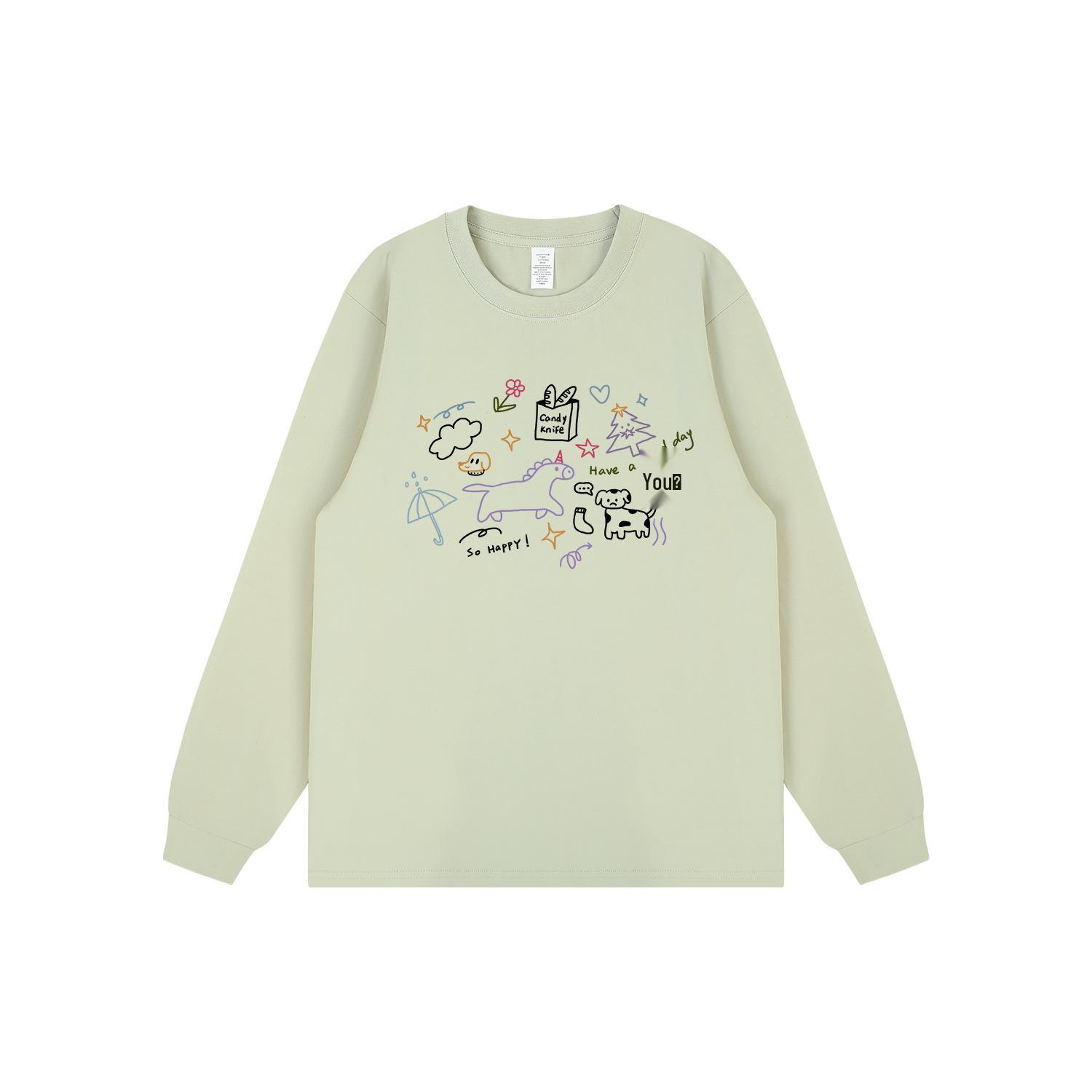 

Модная мультяшная футболка с длинным рукавом в японском стиле, омолаживающая, из чистого хлопка, расписанная вручную для студентов S светло-зеленый