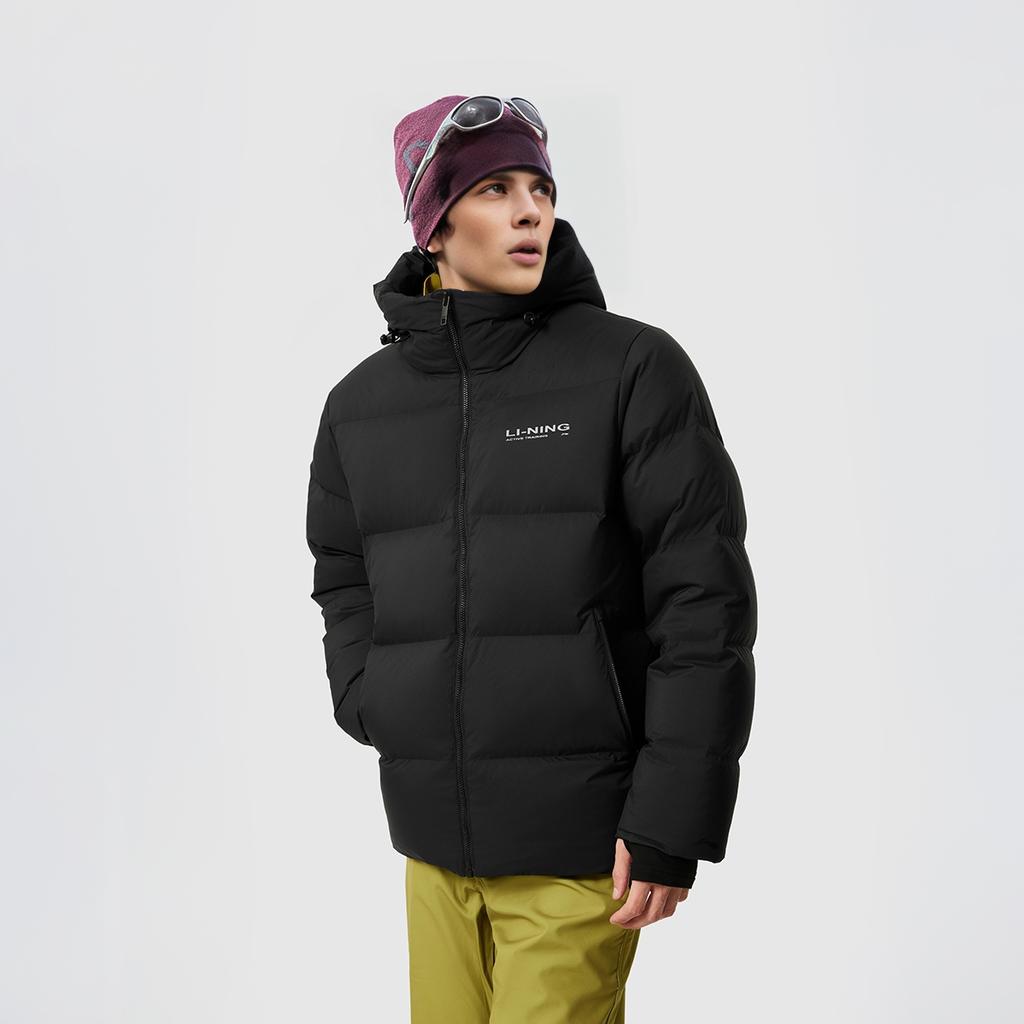 Li Ning Solid Color Short Hooded Zipper Long Sleeve Down Jacket Men Outerwear Black AYMU701-1