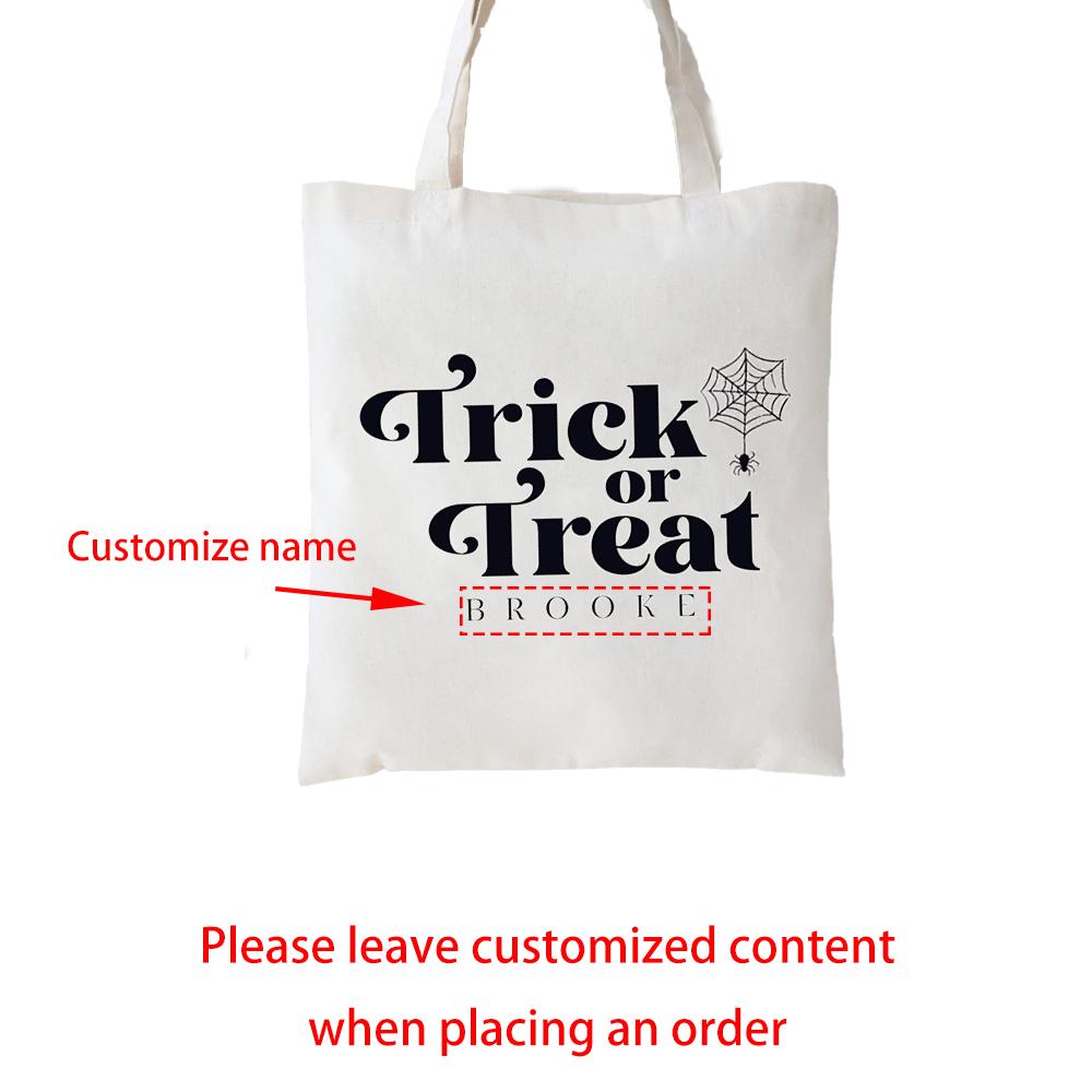 

Personalized Name Trick or Treat Favor Bag Spider Web Halloween Decoration Treat Candy Bag Gothic Bachelorette Party Gifts 34x42cm