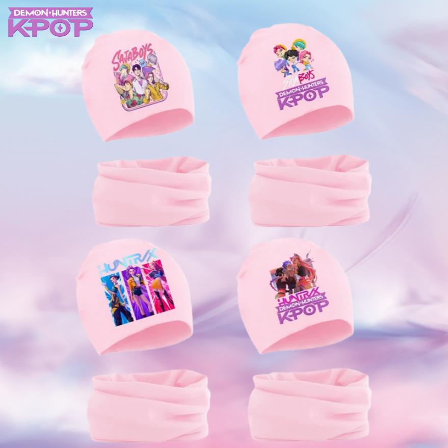 KPop ציידי שדים סט כובע וצעיף לילדים דמות מצוירת עונה קרה כובע צעיף חמים אנימה רומי מירה זואי כובע צעיף צוואר מתנה לילדים