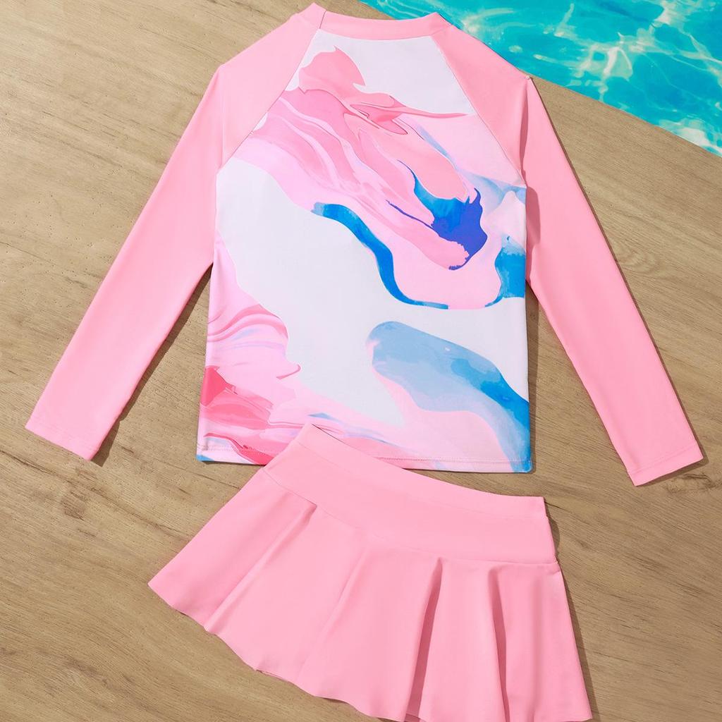 2025 Pink Tie-Dye Long Sleeve Two-Piece Swimsuit for Girls: Includes Short Skirt