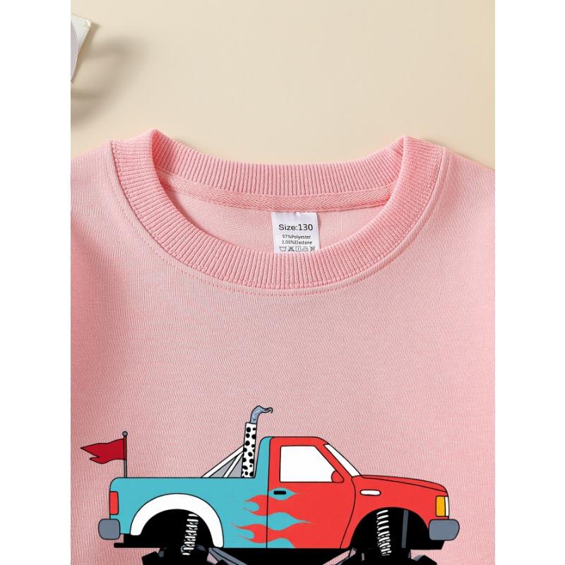 European Sizes Monster Truck Red Blue Flame Girls' Crew Neck Sweatshirt, Western Top, Long Sleeved, Casual for Little Girls.