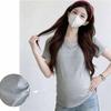 Maternity V-Neck Short Sleeve Pleated T-Shirt - Loose Fit, Belly-Covering, Solid Color, Summer Style