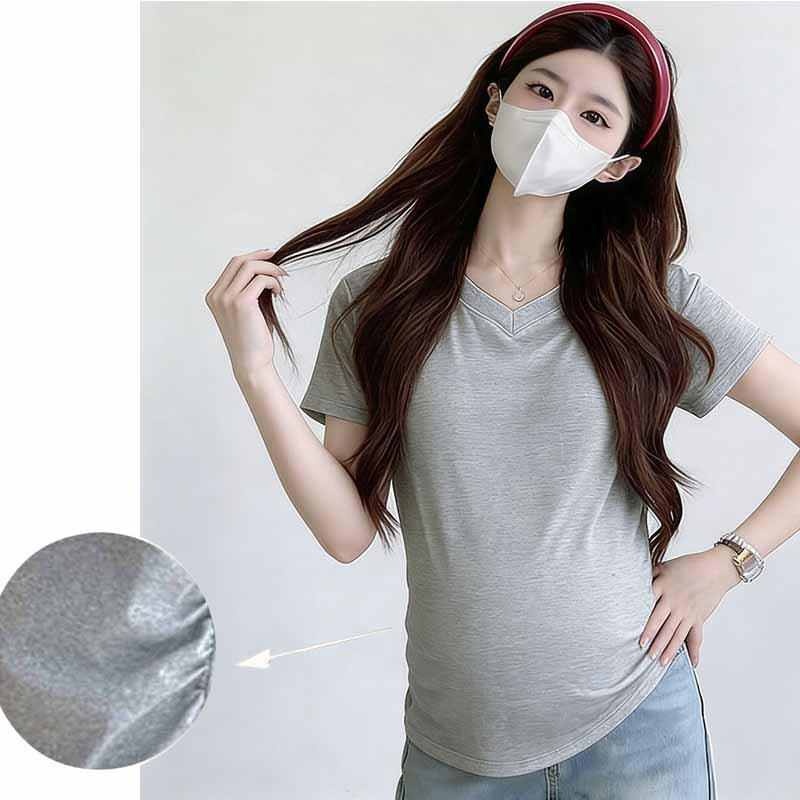 Maternity V-Neck Short Sleeve Pleated T-Shirt - Loose Fit, Belly-Covering, Solid Color, Summer Style