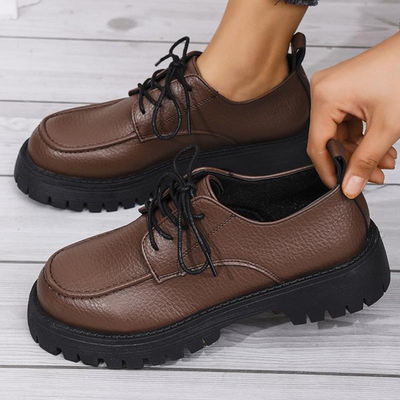 Fashion Black Brown Pu Leather Loafers Shoes for Women Plus Size Platform Casual Shoes Woman Classic Lace Up Wear Resistant Shoes Ladies