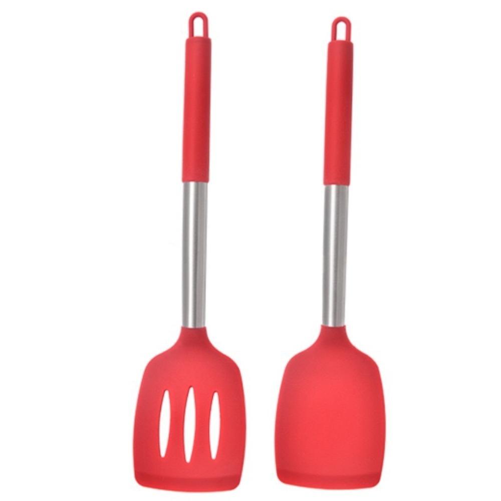 2pcs Stainless Steel Handle Steak Spatula Food Grade Silicone Stir Fry Turner  Nonstick Pan
