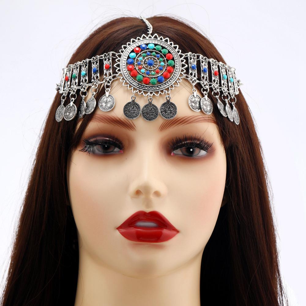 Vintage Afghan Gypsy Coin Headband Bracelet Earrings Sets Boho Colorful Rhinestone Round Hollowed Flower Turkish Female Zircon