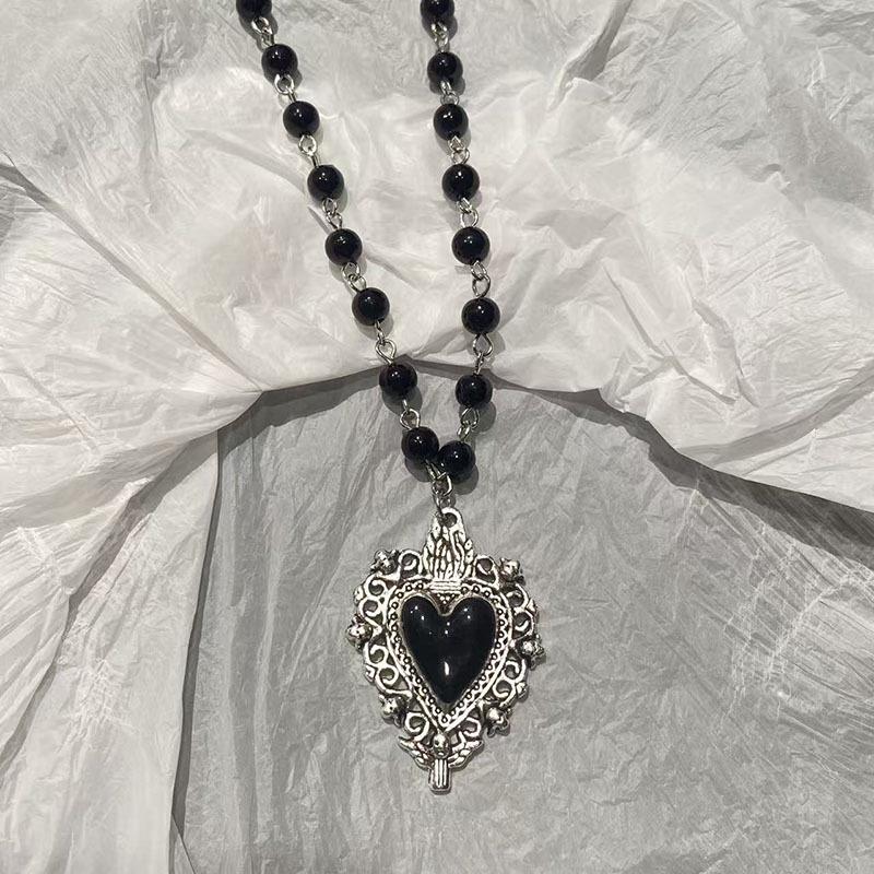 Gotische Y2K Hart & Vleermuis Kruis Hanger Ketting met Zwarte Kralen
