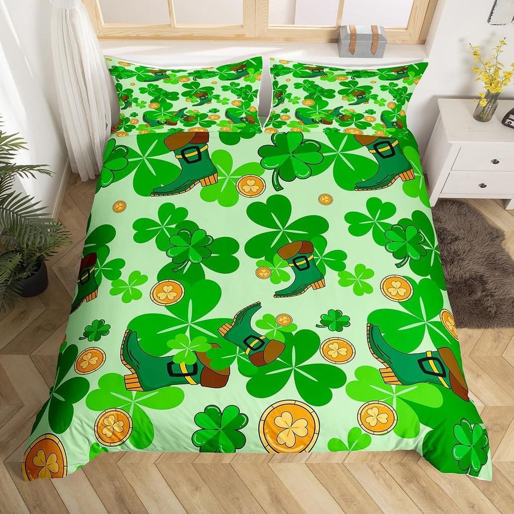 St. Patrick'S Day Duvet Cover Full Queen Spring Gnomes Comforter Cover 2/3 Pcs Green Botanical Leaves Flower Clover Bedding Set