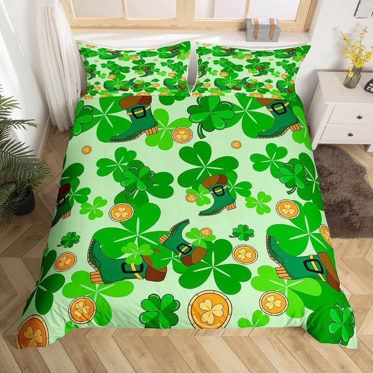 

Comforter St. Patrick S Day Full Queen Spring Gnomes Comforter 2/3 Pcs Green Botanical Leaves Flower Clover Bedding Set Comforter (quilt)-EU Single(135*200cm)3pcs