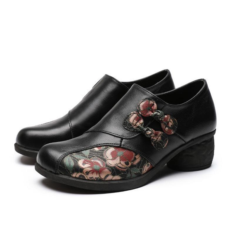 Gemütliche Retro Floral Low Heels Klassische Pumps Damen Vintage Echtleder Schuhe Damen Handgemachte Bohemia Pumps Schuhe Schwarze Absätze