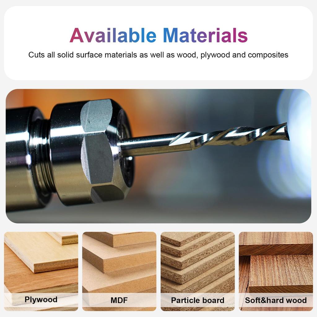 SpeTool Spiral Router Bits with Downcut 1/4 Inch Cutting Diameter, 1 Inch Cutting Length 3 Inch Extra Long HRC55 Solid Carbide CNC End Mill for Wood