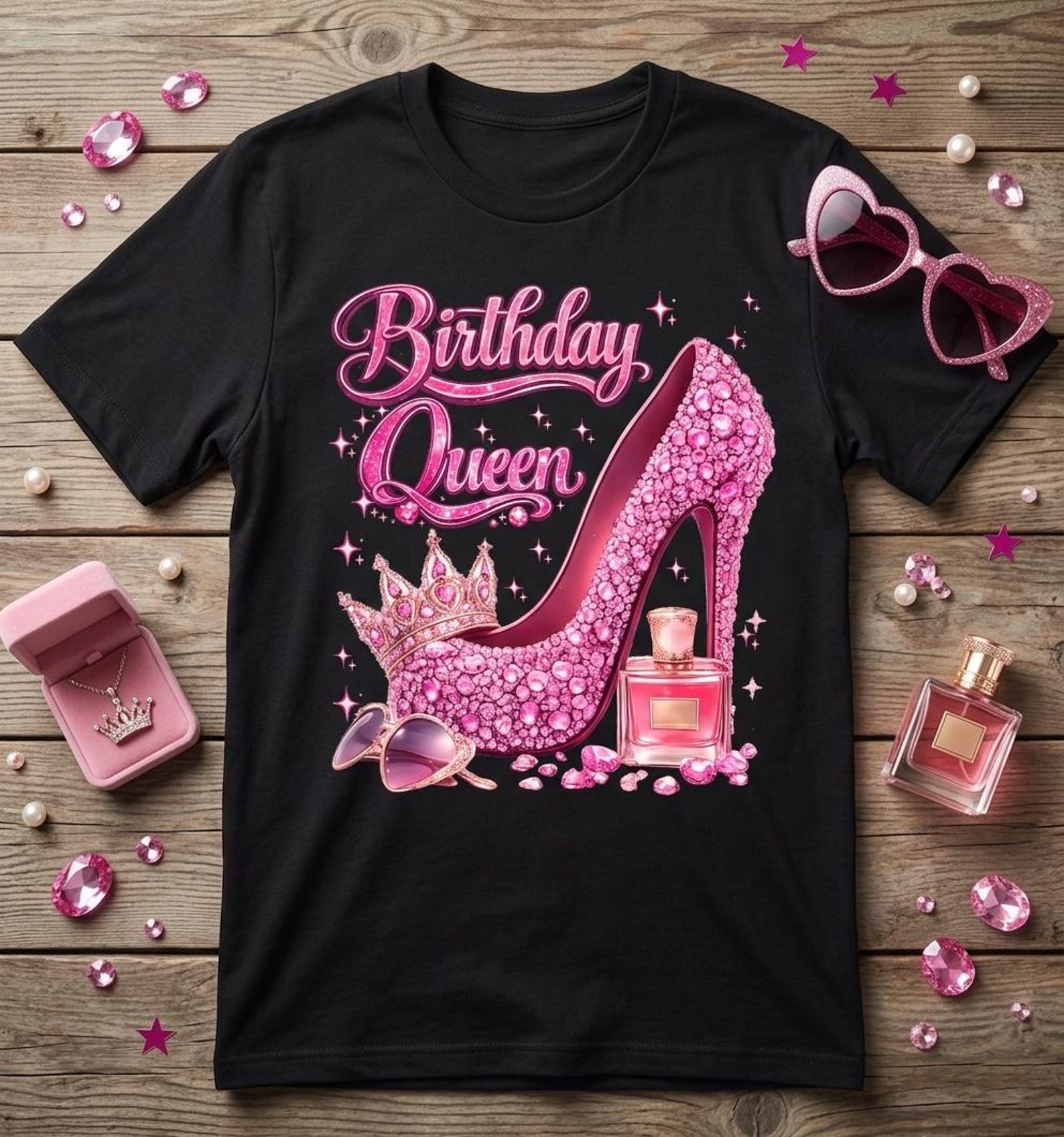 Birthday Queen Shirt, Pink High Heel Crown Glam Outfit S